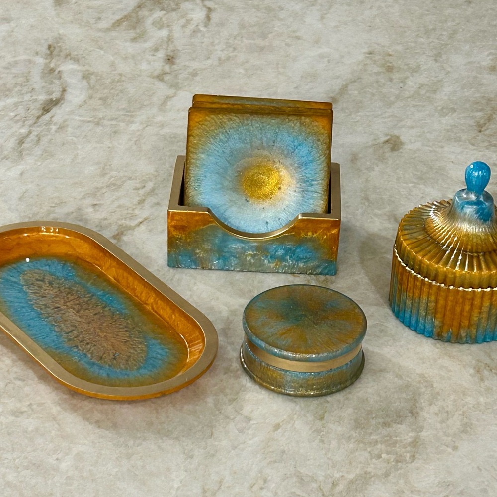 Handmade Tray, Coasters, Canister, & Herb Grinder Set - Trinket or Rolling Tray